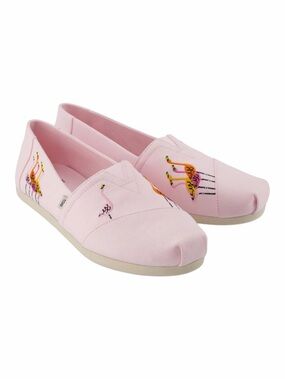 NWT! TOMS Alpargata Barley Pink Canvas Embroidered Flamingos Shoes. Size 9.
